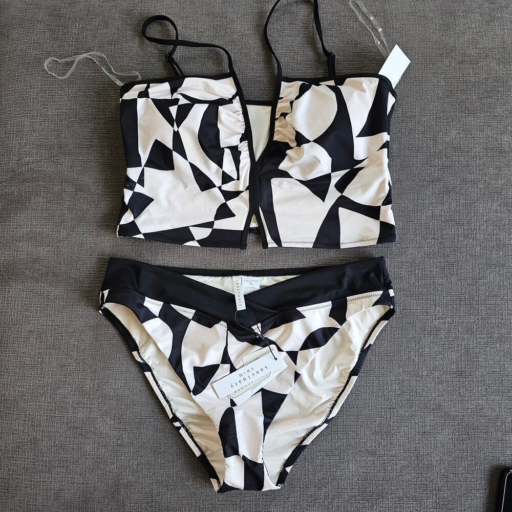 NWT Sanctuary Women's Black Bandeau Crop Bikini Top & Bottom 2 Pc Set Size XL
